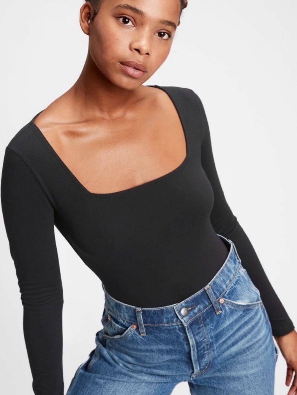 Abercrombie & Fitch Black Square Neck Cropped Long Sleeve Top